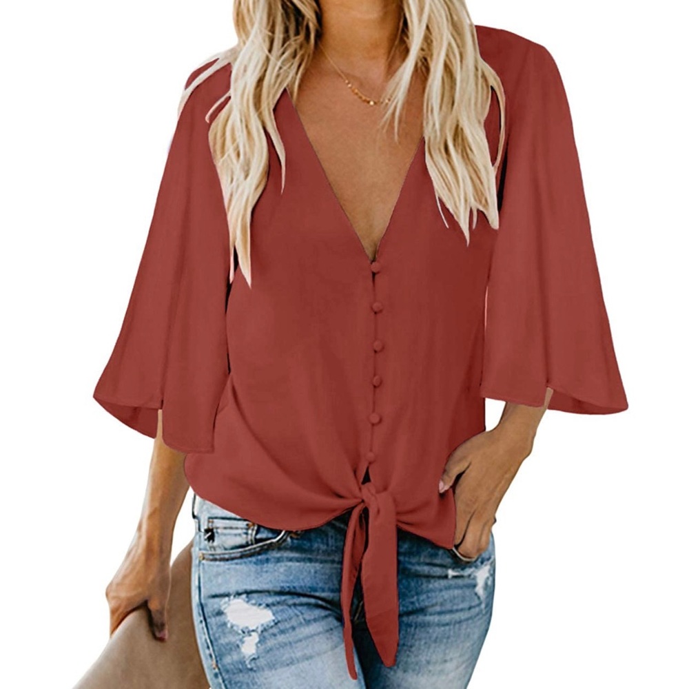 V Neck Tops 3/4 Sleeve Tie Knot Blouses Solid Button Down Shirt